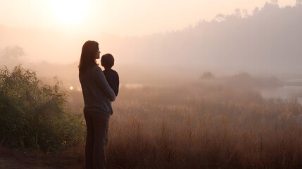 Naklejka premium A mother and child stand in a misty field at sunrise embracing a moment of quiet golden lit connection in nature