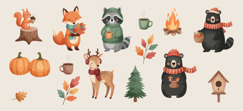 Forest animals winter set, cozy raccoon and deer illustrations, woodland creatures nature graphics, campfire and marshmallow icons, winter scarf animal elements, autumn forest animal collection, cute 