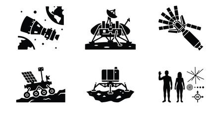 Space exploration icon set, black silhouette astronautics vector elements, lunar rover and moon lander symbols, satellite and rocket ship graphics © MmImran