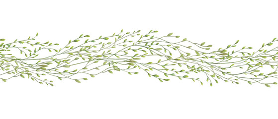 Watercolor green leaf vine horizontal seamless border. Thin twisting branches with small buds waving pattern on isolated background. Spring botanical ornate for wedding invitation, greeting card. © Masha_tolk_art