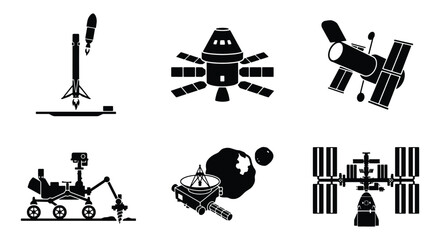 Space exploration vector icons set, black silhouette rocket launch and satellite symbols, 6 astronomy and aerospace technology elements © MmImran