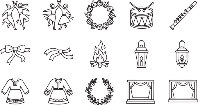 Folk Culture and Festival Icon Set Featuring Traditional Dancers Musical Instruments Bonfire Floral Wreaths and Costumes in Line Art Style