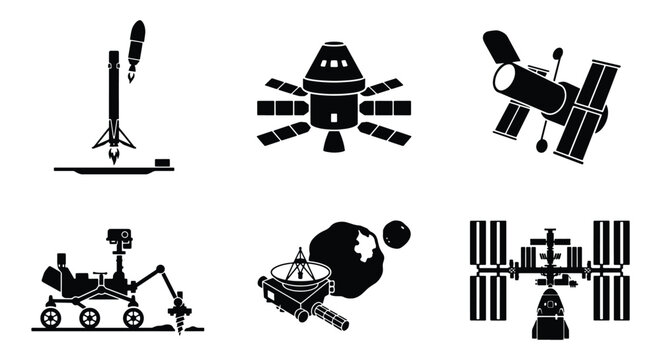 Space exploration vector icons set, black silhouette rocket launch and satellite symbols, 6 astronomy and aerospace technology elements