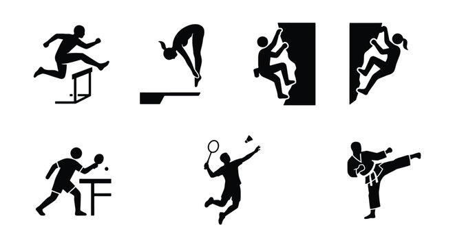 Minimalist sports icons set, black silhouette athlete symbols, collection of 7 vector pictograms for competition and fitness activities