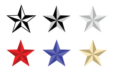 Obraz premium Abstract geometric five pointed stars icon set in black red blue gold gray modern minimal vector illustration.