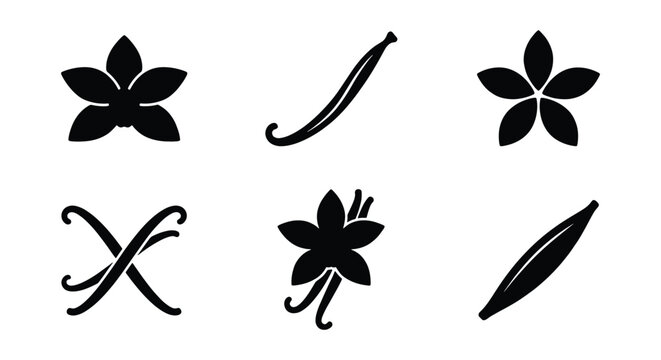 Vanilla flower and bean pod icons, set of 6 black botanical vector silhouettes, aromatic spice plant elements for food packaging and cosmetic design