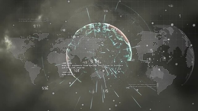 Animation of world map and globe with data processing over sky with clouds
