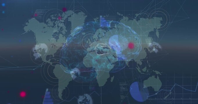 Animation of red and blue dots over icons, brain and world map