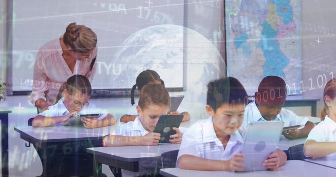 Animation of caucasian female teacher with multiracial students using tablets over globe and data