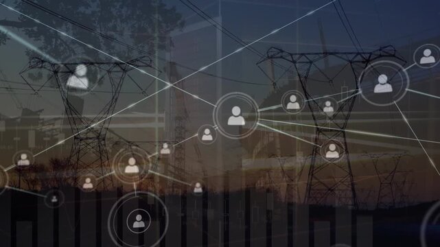 Animation of network of connections and graphs over electricity poles at sunset and server