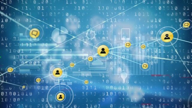 Animation of network of profile icons over binary coding data processing against blue background