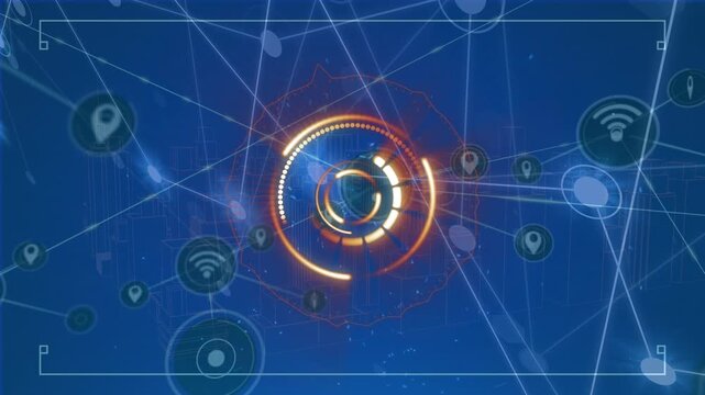 Animation of neon round scanner and network of digital icons against spinning 3d city model