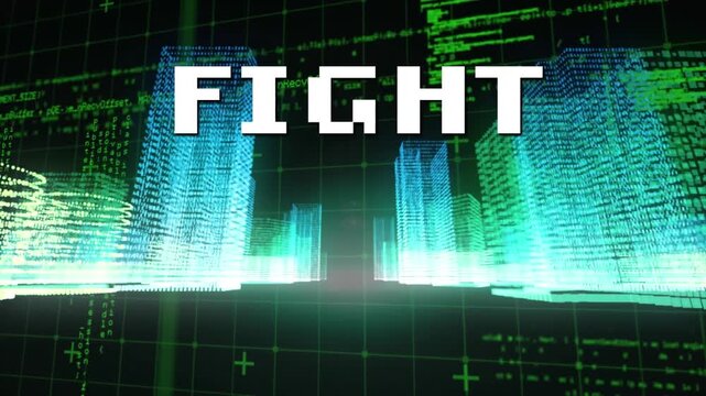 Animation of fight text and data processing over glowing 3d building models against black background