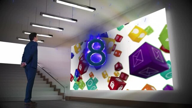 Multiple message icons floating over hanging heart social media icons over businessman thinking face