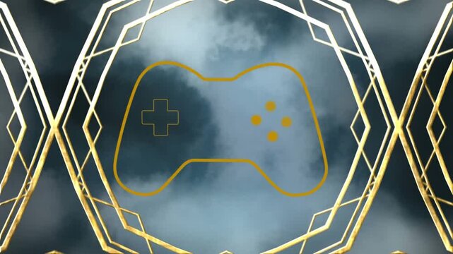 Animation of yellow game controller with abstract pattern against dense dark clouds in sky