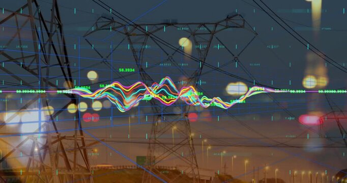 Animation of financial data processing over mobile towers against night city traffic