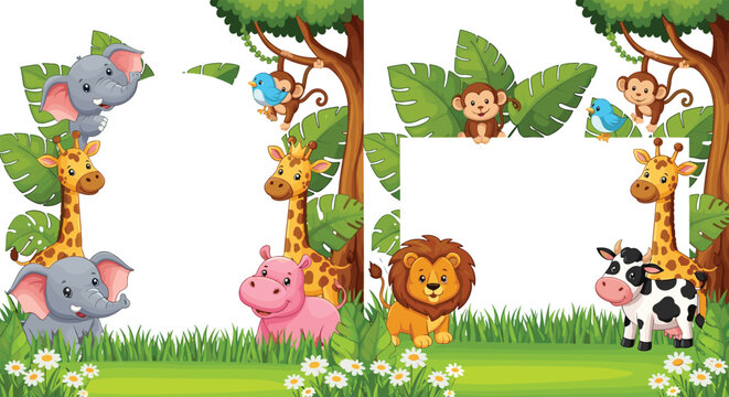 Cute Jungle Animals Frame Vector Illustration Set with Giraffe, Elephant, Lion, Monkey, and Tropical Leaves, Cartoon Safari Border Design for Kids