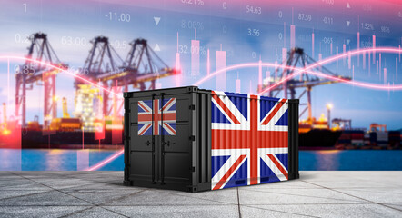 Global Trade Dynamics: A shipping container emblazoned with the United Kingdom flag stands prominently against a backdrop of bustling docks, cargo cranes, and an overlay of financial data. © bao