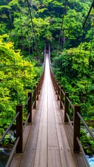Fototapeta premium A wooden suspension bridge stretches through a vibrant green forest, leading to an unknown destination amidst nature's embrace