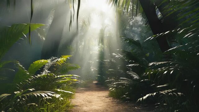 View from inside a carrier bobs gently along a dense jungle path filtered with soft green light. Pet travel and jungle exploration concept