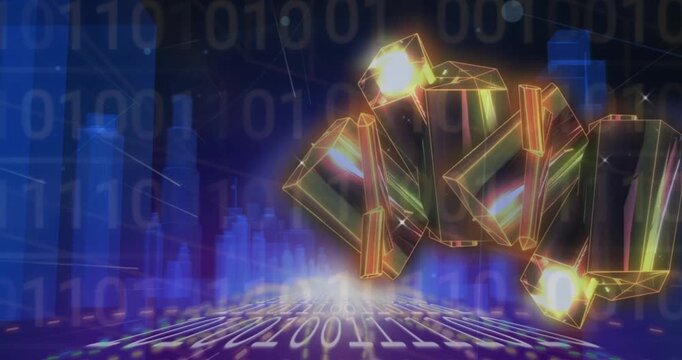 Animation of geometric patterns over looping binary codes against 3d model of city