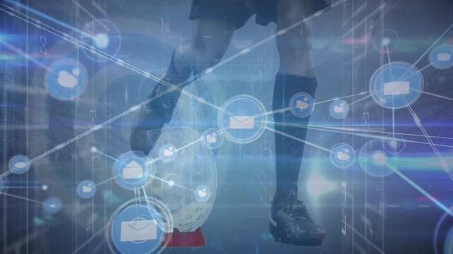 Animation of network of connections and data processing over rugby player