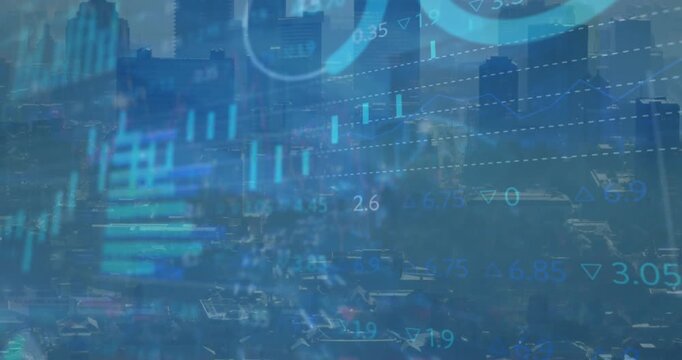 Animation of stock market data processing against aerial view of cityscape