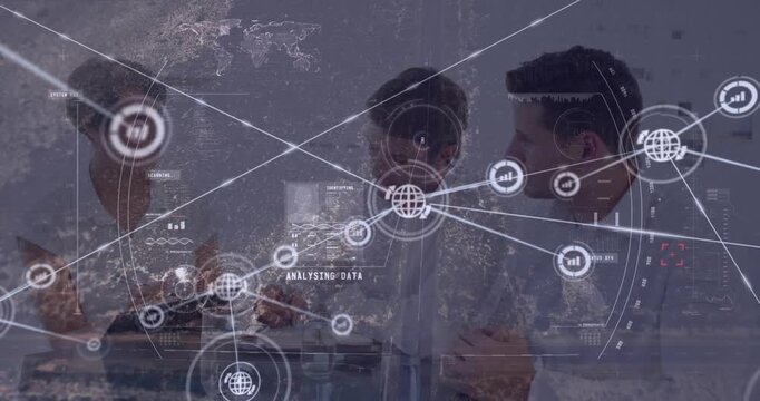 Animation of connected icons, maps, aerial view of roads, diverse coworkers discussing reports