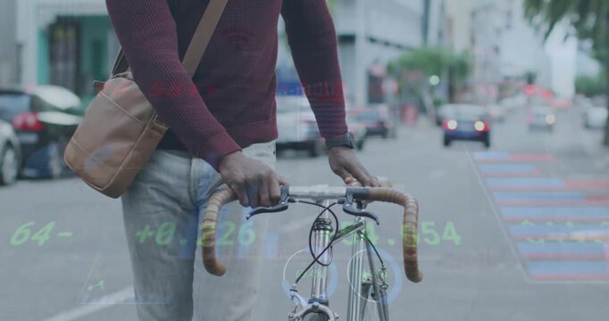Animation of statistical data processing over african american man with bicycle walking on street