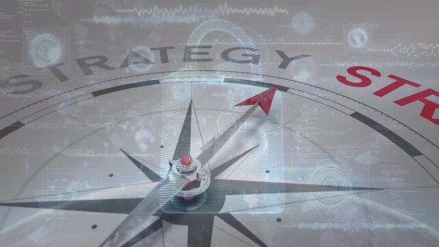 Animation of compass with text over padlock and data processing