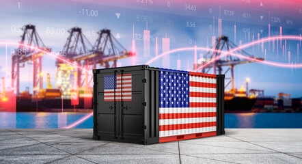 Shipping Container of the United States Flag: A shipping container emblazoned with the United States flag stands prominently, signifying international trade, and economic activity. © bao