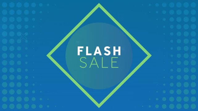 Animation of flash sale text and green neon frame on blue background