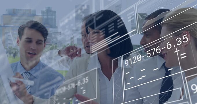 Animation of graphs, loading bars, circles, diverse female sharing ideas with coworkers in office