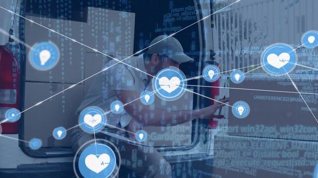 Animation of network of icons over caucasian delivery man writing on clipboard sitting in his van