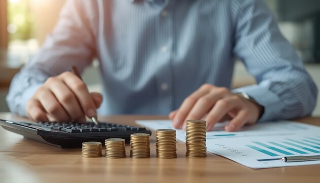 A man sitting at a desk calculating finances with a calculator and coins