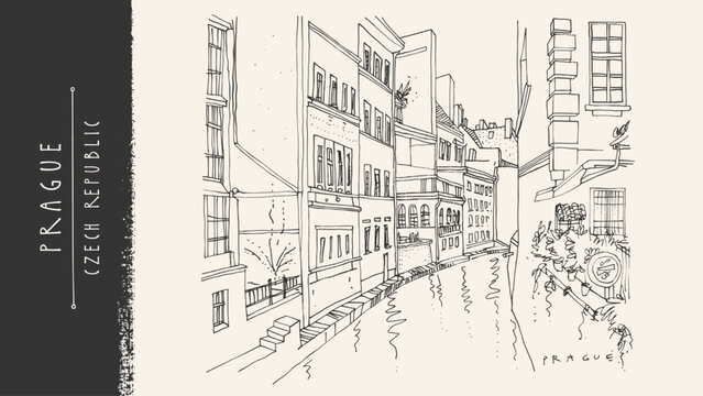 Prague, Czech Republic. Kampa Island and Certovka canal sketch postcard. European cityscape. Historic houses, waterway bg. Old house reflections. Vintage vector hand drawn travel postcard illustration