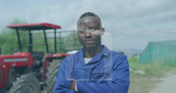 Standing confidently, farmer with digital security lock animation overlay in field