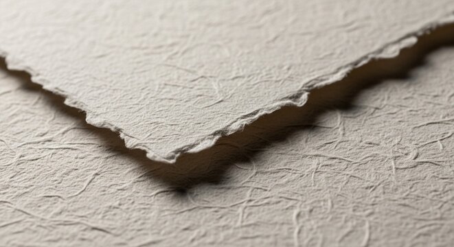 Close-up of textured handmade paper with deckle edges and shadow