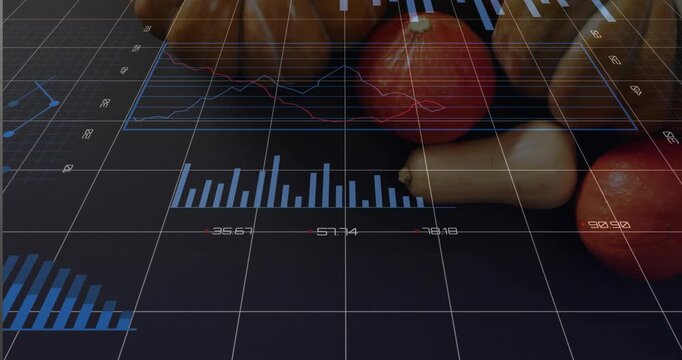 Fruit cluster driving bars rising pie charts filling line graphs shifting on grid for data insight