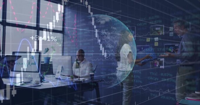 Dark-haired woman rising and tapping panels animating globe and finance charts for analyzing data