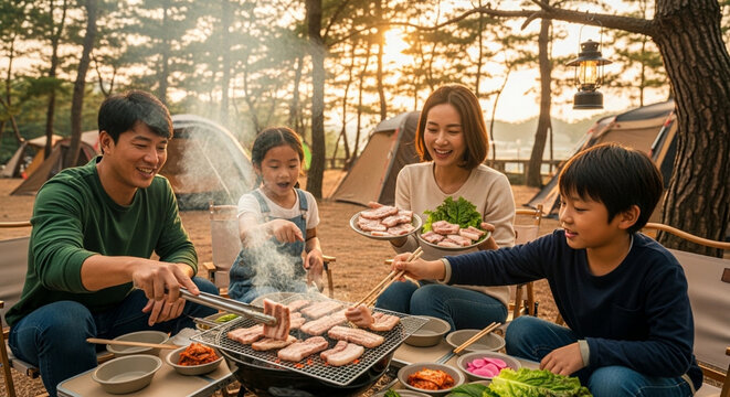 Family Enjoying Korean BBQ Pork Belly at Campsite