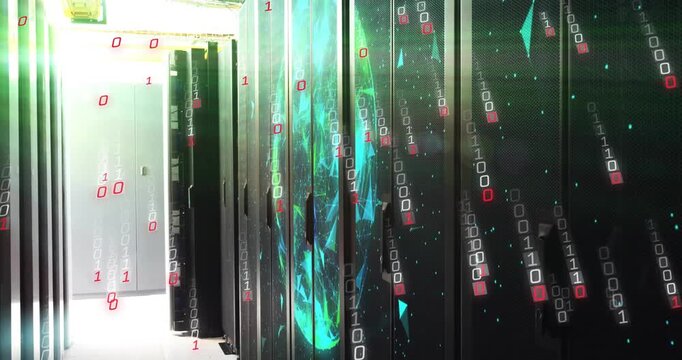 opening doorway drifting binary streaming down main server racks pulsing globe showing data flow
