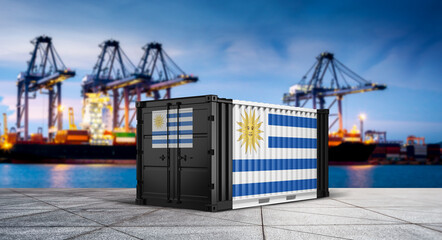 Uruguayan Freight: A shipping container, adorned with the Uruguayan flag, stands prominently against the backdrop of a bustling harbor, symbolizing international trade and global connectivity.  © bao