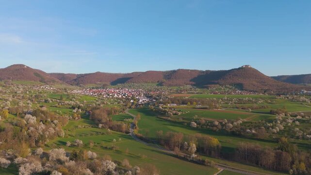 Aerial view of blooming orchards in spring near Beuren with Swabian Alb, Neuffen and Hohenneuffen castle under blue sky, Germany