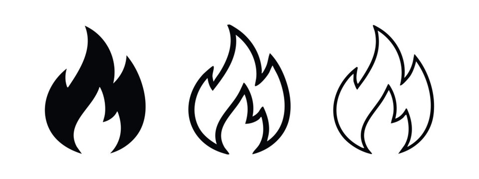 Fire Flame Icon Set: Solid, Outline, and Wireframe Styles