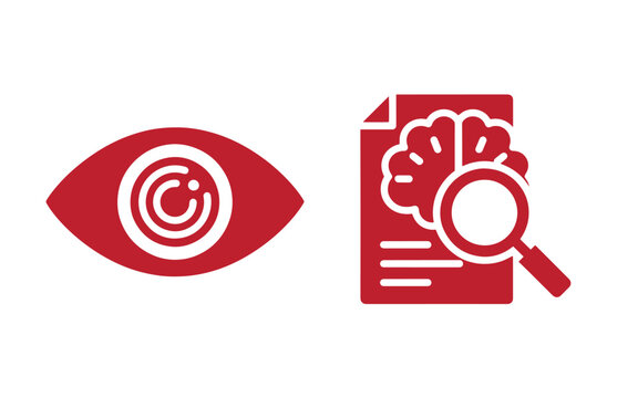 Red eye and brain with magnifying glass, white background