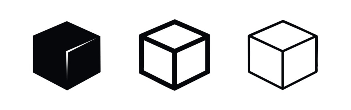 Cube Icon Set: Solid, Outline, and Wireframe Styles