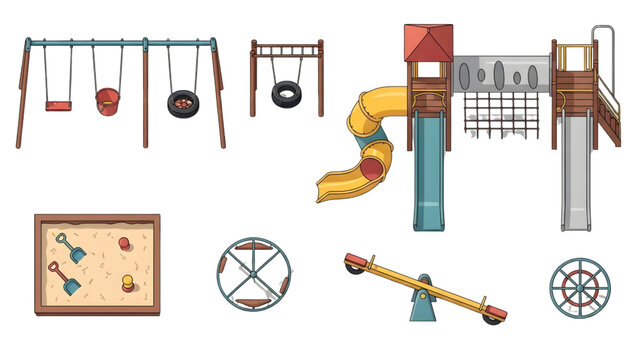 Top View Playground Equipment Vector Set Swings Slides Climbing Frames Sandbox Elements Colorful Flat Style Park School Layout Plan