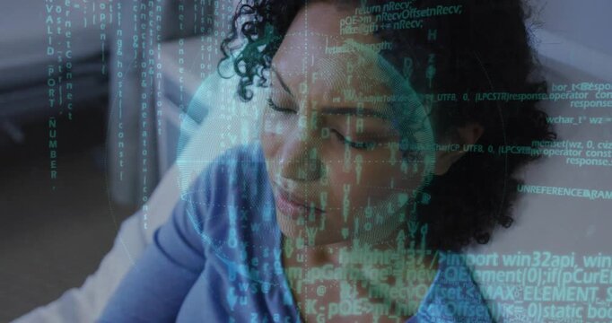 Vertical video: Woman reclining on bed in health tech demo, teal globe activating calm breathing