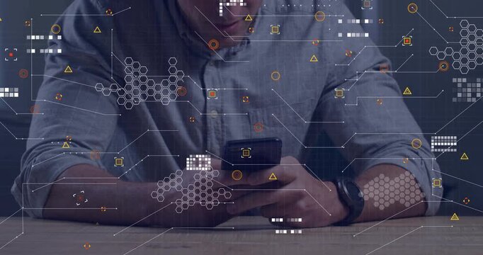 Man tapping phone on desk, scrolling as hex data mesh aligning with phone for tech review